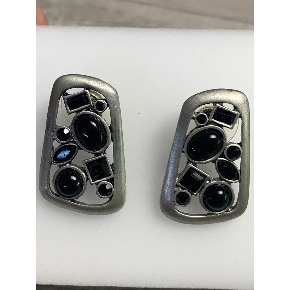 Vintage Silver Tone Black Stone Geometric Statement Stud Earrings 3796